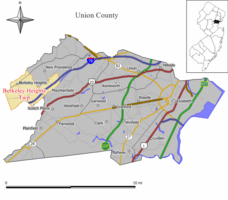 Map of Berkeley Heights in Union County. Inset: Location of Union County highlighted in the State of New Jersey.
