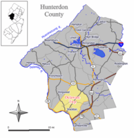 Map of Delaware Township in Hunterdon County. Inset: Location of Hunterdon County highlighted in the State of New Jersey.
