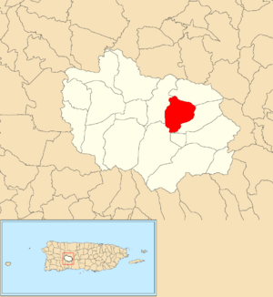 Location of Juan González barrio within the municipality of Adjuntas shown in red