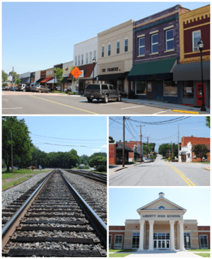 Top, left to right: Downtown Liberty, railroad, W. Front Street, Liberty High School