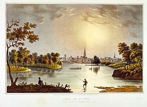 "View of St. Louis from South of Chouteau's Lake, 1840.". Published and Lithographed by J. C. Wild at the Missouri Republican Offic (sic)
