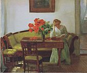 Anna Ancher - Interieur mit Mohnblumen und lesender Frau (Lizzy Hohlenberg) 1905