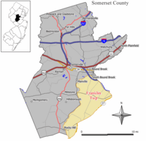 Map of Franklin Township in Somerset County. Inset: Location of Somerset County highlighted in the State of New Jersey.