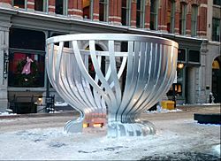 View from west, of Stanley Cup commemorative sculpture on Sparks Street in Ottawa, Ontario, Canada