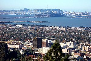 Downtown Berkeley in the foreground, with San Francisco seen across the Bay