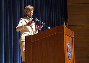 Christine Whitman speaks to cadets during the Hedrick Fellow event at the Coast Guard Academy