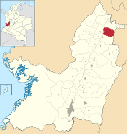Location of the municipality and town of Obando, Valle del Cauca in the Valle del Cauca Department of Colombia.
