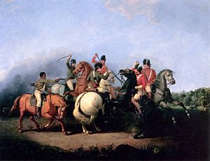The Battle of Cowpens, painted by William Ranney in 1845. The scene depicts an unnamed black man (left), thought to be Colonel William Washington's waiter, firing his pistol and saving the life of Colonel Washington (on white horse in center).