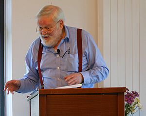Longley reading his poetry at the Corrymeela Peace Centre near Ballycastle, County Antrim, July 2012