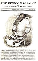 Cover of The Penny Magazine showing orangutan wearing clothing, sitting in a chair