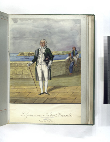 18th-century painting of the Hospitaller Governor of Fort Ricasoli, with the fort itself in the background