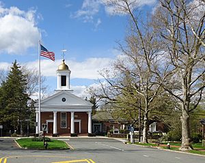 Street scene cropped Basking Ridge New Jersey with trees and church