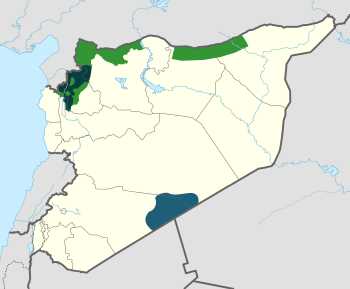Areas under control of various opposition groups as of February 2020     Interim Government (National Army)     Salvation Government (Tahrir al-Sham)     Revolutionary Commando Army