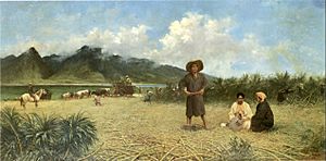 'Japanese Laborers on Spreckelsville Plantation', oil on canvas painting by Joseph Dwight Strong, 1885, private collection