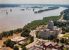 Flood waters inundated parts of Jefferson City, Missouri, and limited access to the Missouri State Capitol during the Great Flood of 1993.