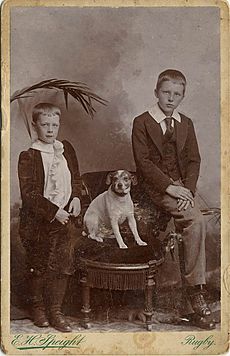 Alfred Brooke (left) and Rupert Brooke (right) with dog Trim