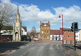 The Burton Memorial and the Moot Hall, Daventry, geograph 5717466 by Humphrey Bolton.jpg