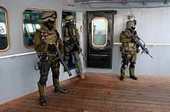 US Navy 040117-N-0331L-021 Spanish Special Operations Forces (SOF) soldiers partner with a U.S. Marine assigned to the 13th Marine Expeditionary Unit (13th MEU) after searching the Military Sealift Command (MSC) combat stores s