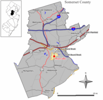 Map of Manville in Somerset County. Inset: Location of Somerset County highlighted in the State of New Jersey.