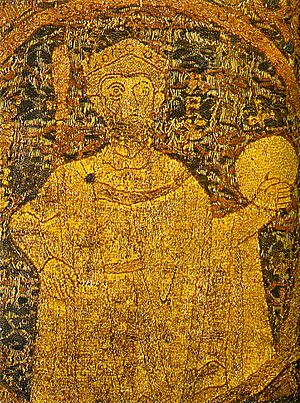 Portrayal of Stephen I, King of Hungary on the coronation pall