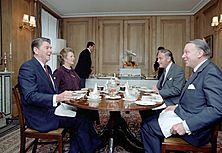 President Ronald Reagan during a meeting with Prime Minister Thatcher at 10 Downing Street