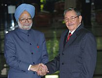 The Prime Minister Dr. Manmohan Singh with the Vice President and the acting President of Cuba Mr. Raul Castro on sidelines the XIVth Non-Aligned Movement Summit at Havana, Cuba on September 15, 2006