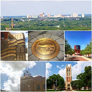 Clockwise, from top: skyline from Burnett's Mound; Kansas Avenue Veteran's Memorial; Tribute to the State of Kansas; Topeka & Shawnee County Public Library; Jayhawk Tower; Topeka High School
