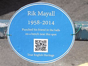 Unofficial blue plaque to Rik Mayall taken in Hammersmith, London June 2014