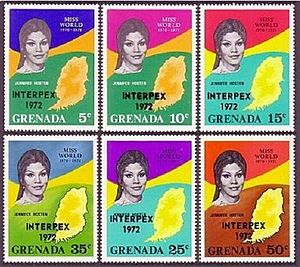 Мисс мира Дженнифер Хостен. Почтовая марка Гренады. 1971