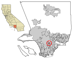 Location of Maywood in Los Angeles County, California