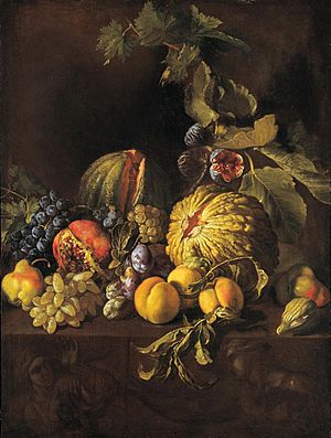 Michelangelo Cerquozzi - Still life with pumpkin, grapes and pears