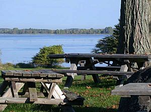Picnic tables along the Saint Lawrence River in Robert Moses State Park - Thousand Islands in northern New York.jpg