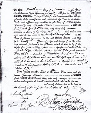 Protection certifcate issued to Charles Davis 4 Nov 1804. Davis