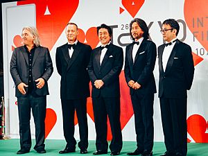 26th Tokyo International Film Festival- Paul Greengrass & Tom Hanks from Captain Phillips, Mitani Koki & Yakusho Koji from The Kiyosu Conference, Prime Minister Abe Shinzo (15587589941)