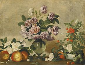 Bernardo Strozzi - Still life with pink and white peonies in a glass vase and peaches, white roses and fruits on a ledge