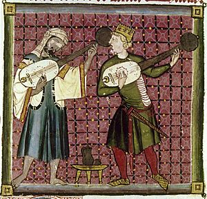 European and Islamic musicians in 13th century playing stringed instruments