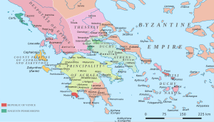 Political map showing southern Greece with the various principalities in different colours