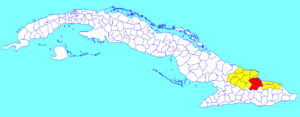Mayarí municipality (red) within  Holguín Province (yellow) and Cuba