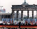 Photograph of President Reagan giving a speech at the Berlin Wall, Brandenburg Gate, Federal Republic of Germany - NARA - 198585