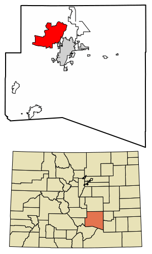 Location of the Pueblo West CDP in Pueblo County, Colorado.