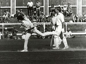Richard Hadlee bowling and Ian Botham (non-striker)