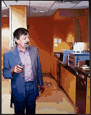 Painting of Mike Dexter holding a glass of wine.