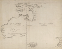 Map depicts the western and northern coast of Australia (labelled "Nova Hollandia"), Tasmania ("Van Diemen's Land") and part of New Zealand's North Island (labelled "Nova Zeelandia").