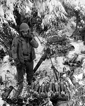 First Army Ardennes mortar man on radio