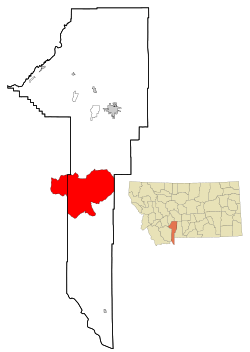 Location of Big Sky (red) relative to Gallatin County (white with thick border; orange in inset)
