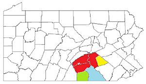 Map of the Harrisburg–York–Lebanon, PA Combined Statistical Area (CSA), composed of the following parts:      Harrisburg–Carlisle metropolitan statistical area (MSA)      Lebanon, PA Metropolitan Statistical Area (MSA)      Gettysburg, PA Metropolitan Statistical Area (MSA)      York–Hanover, PA Metropolitan Statistical Area (MSA)