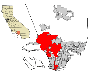 Los Angeles County with the City of Los Angeles in red. The Harbor Gateway is a two-mile wide north-south corridor that connects the Port of Los Angeles to the south with the rest of the city in the north (note the vertical red line).