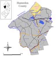 Map of Lebanon Township in Hunterdon County. Inset: Location of Hunterdon County highlighted in the State of New Jersey.