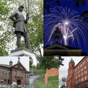Top: Civil War Memorial Statue, Bates College's Hathorn Hall; Bottom: the Wallace School, Kennedy Park and Lewiston City Hall