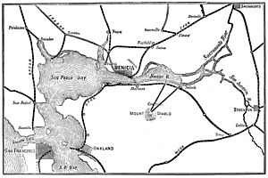Map of railroad connections to Benicia and the San Francisco Bay area 1885